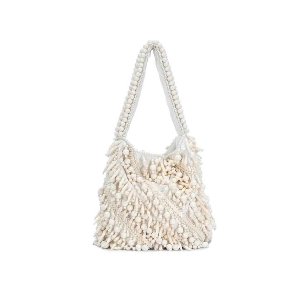 Antik Kraft Beaded Hobo Bag Ivory Cream Boho Textured Shoulder Bag Made in India